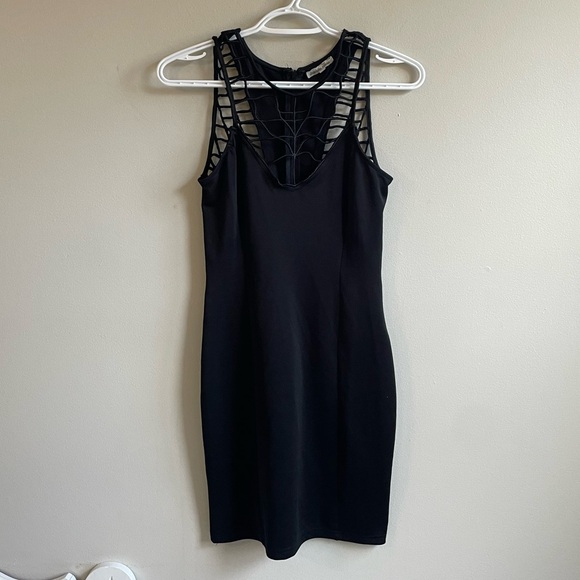 BLACK SLEEVELESS DRESS SPIDER WEB SHOULDERS BACK STRETCH FORM FIT ZIPPER - Picture 2 of 7